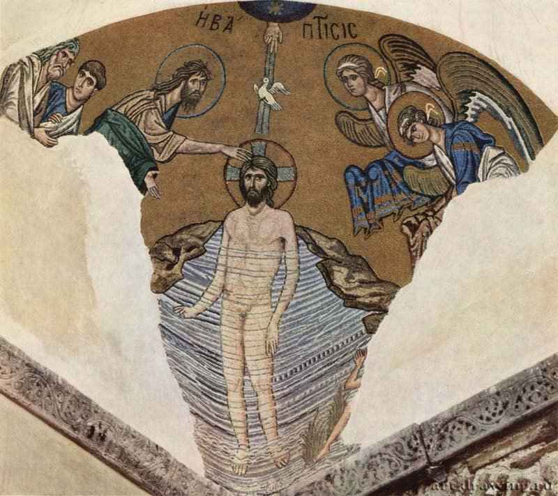 Мозаики из церкви в Дафни; Крещение Христа. 1100 - Мастер из Дафни. Мозаика. Византийское искусство. Византия. Дафни. Монастырская церковь. Константинопольская мастерская, мозаика в нефе церкви.