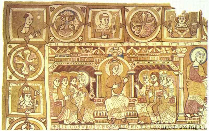 Гобелен из Хальберштадта. Фрагмент. 1170 - Мастер из Хальберштадта, работавший около 1170. Шелк, вышивка. Романское искусство. Германия. Берлин. Музей прикладного искусства.