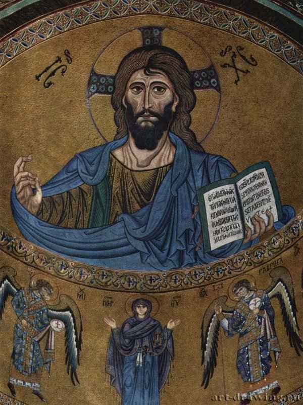 Мозаики кафедрального собора в Чефалу. Христос Вседержитель. 1150 - Мастер из Чефалу. Мозаика. Романское искусство. Италия. Чефалу (Сицилия). Кафедральный собор. Византийская мастерская, заказчик - норманнский король Роджер II.