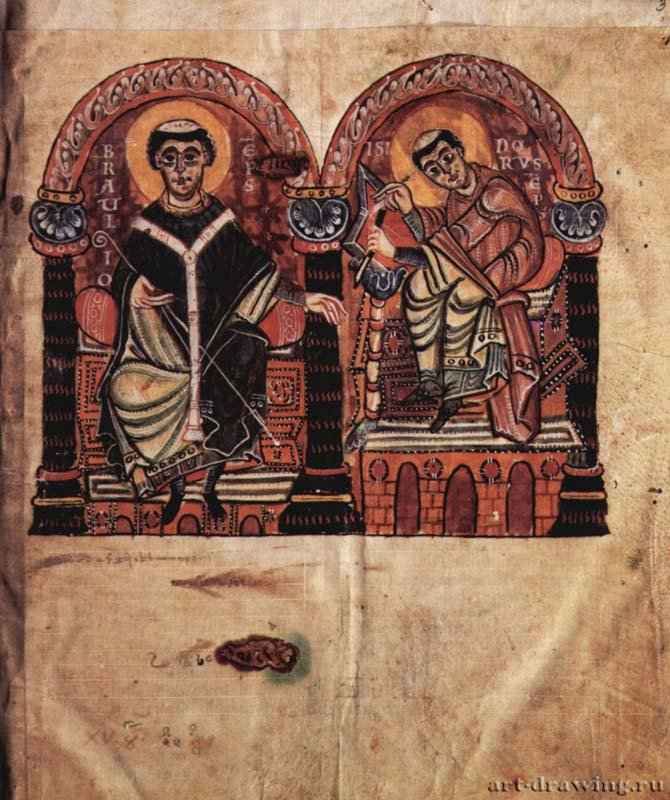 Начало книги Исидора. Епископ Браулио и Исидор Севильский. Вторая половина 10 века - Мастер кодекса 167. 33,8 x 29 см. Пергамент. Романское искусство, оттоновский стиль. Швейцария. Монастырь Айнзидельн (Швейцария). Библиотека. Фрагмент рукописи, школа бенедиктинского монастыря в Айнзидельне.