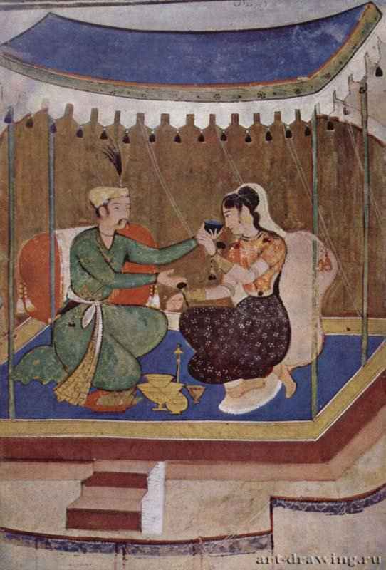 Рукопись "Расикаприя". Принц подносит даме чашу вина. 1615-1620 - Мастер рукописи "Расикаприя". 16,8 x 16,2 см. Бумага. Могольский стиль. Индия. Лондон. Британский музей. Миниатюра в рукописи, провинциальный мастер могольского стиля.