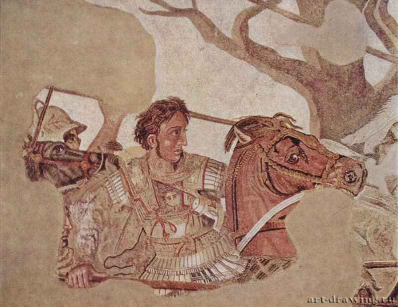 Битва Александра с Дарием. Александр Македонский Вторая половина 2 века до н.э. - Мастер битвы Александра. Мозаика. Античность. Италия. Неаполь. Национальная галерея Каподимонте. Древнеримская роспись, первоначально в "Доме фавна" в Помпеях.