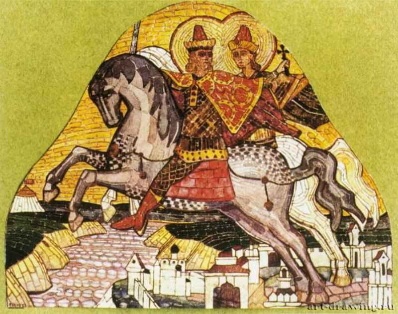 Святые Борис и Глеб Эскиз мозаики 1906 г. - Темпера. Местонахождение неизвестно.