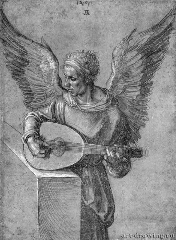 Ангел с лютней. 1497 - 26,8 x 19,5 Серебряный штифт на грунтованной красным тоном бумаге, подсветка белым, на бумаге Гравюрный кабинет Берлин