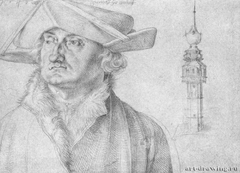 Портрет Лазаруса Равенсбургера и башенка дома Льере в Антверпене. 1520-1521 - 12,2 x 16,9 Серебряный штифт на бумаге Гравюрный кабинет Берлин