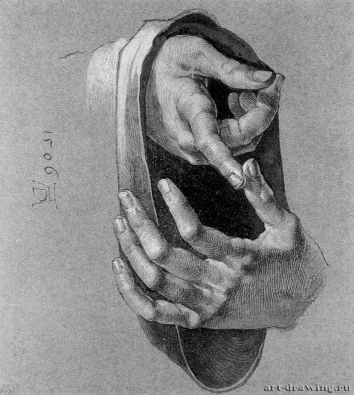 Руки двенадцатилетнего Христа. 1506 - 20,6 x 18,5 Кисть тушью, подсветка белым, на голубой венецианской бумаге Музей герцога Антона-Ульриха, Гравюрный кабинет Брауншвейг