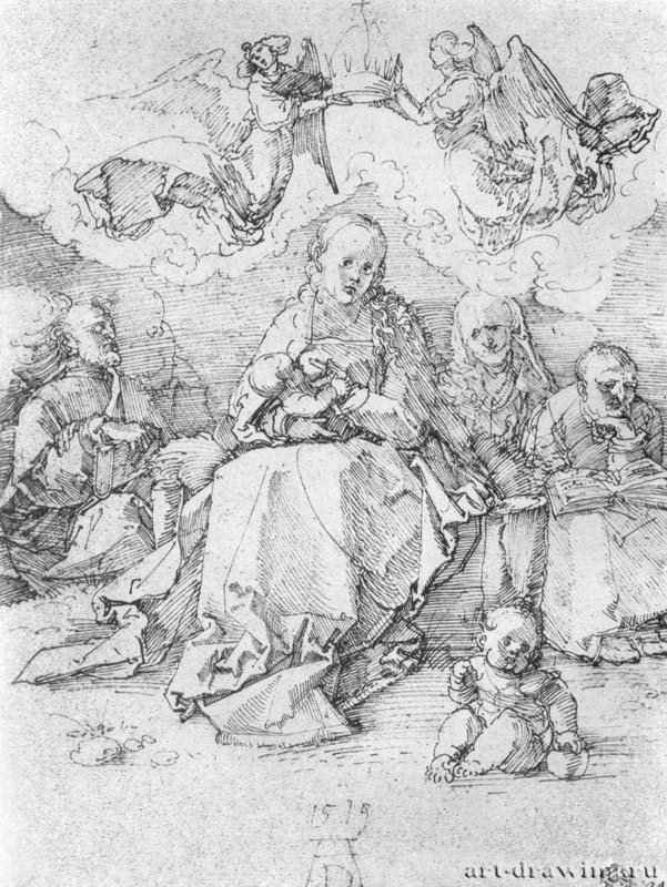 Святая родня, коронуемая двумя ангелами. 1519 - 28 x 21,8 Перо черным тоном и коричневым, на бумаге Лувр, Кабинет рисунков Париж