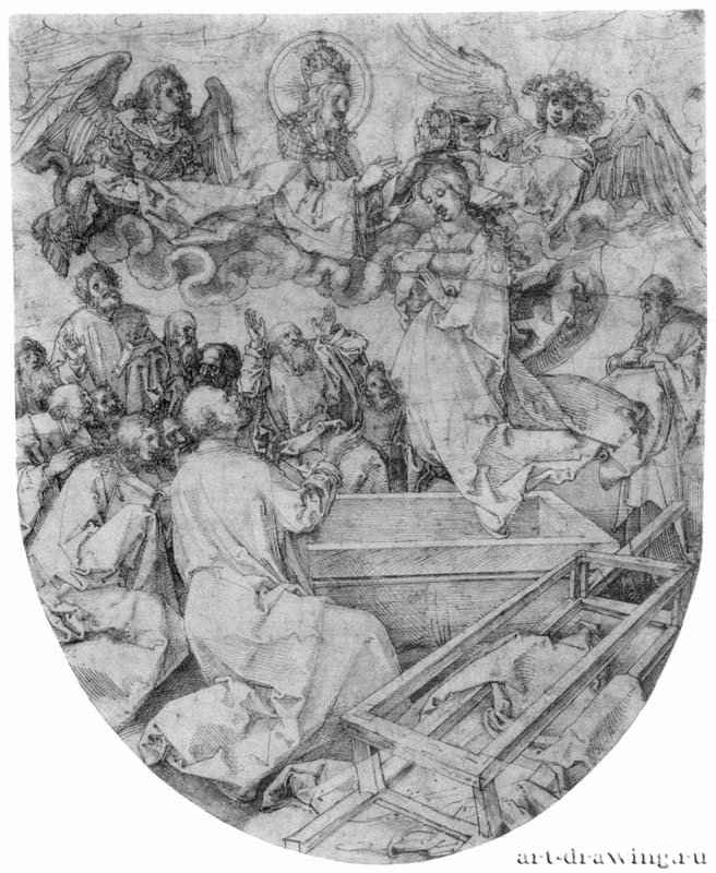 Этюд для Алтаря Геллера. Вознесение и Коронование Девы Марии. 1503 - 38,2 x 31 Перо, раскраска нежно-розовым в цвет тела, голубоватым в облаках и волосах, местамисветлым желто-зеленым тоном на земле и крыльях ангелов, на бумаге Британский музей, Отдел гравюры и рисунка Лондон