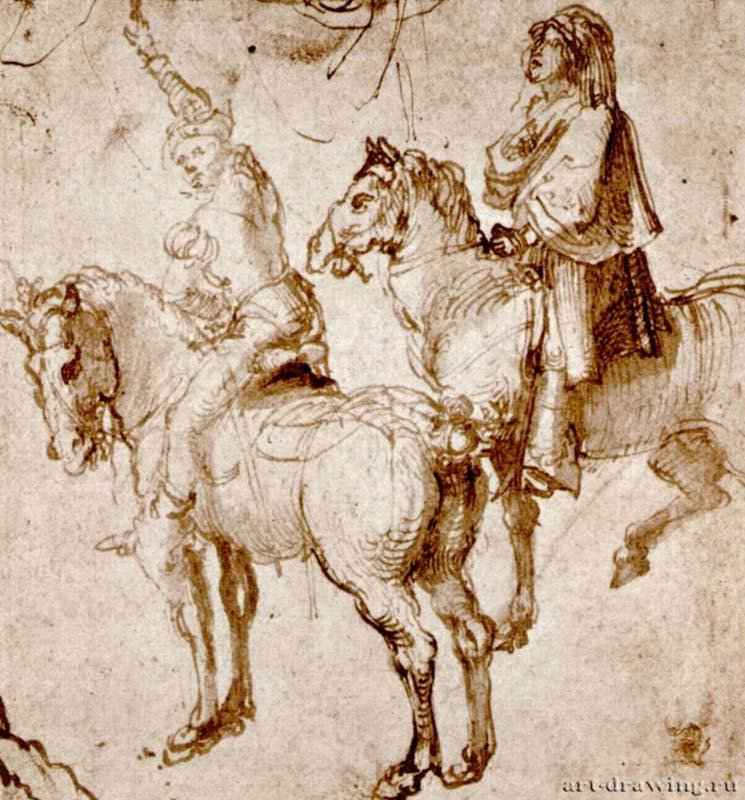Этюды двух всадников. 1499 - 13 х 12,1 Перо и кисть бистром, отмывка, на бумаге Собрание Сейлерн Лондон