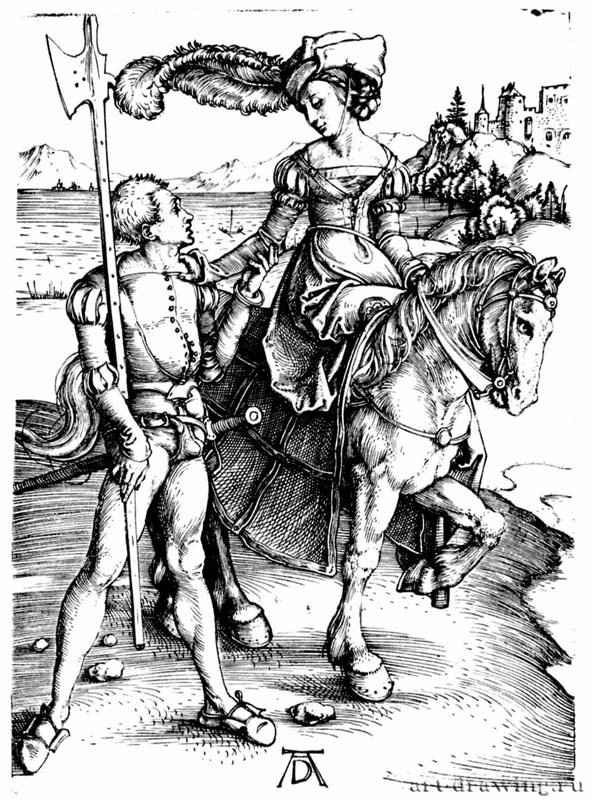 Всадница и ландскнехт. 1496-1497 - 10,8 х 7,7 Резцовая гравюра на меди Музей Метрополитен, Отделение рисунка Нью-Йорк