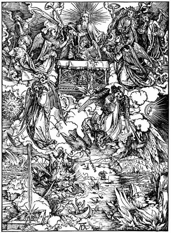 Иллюстрация к "Апокалипсису". Семь трубящих ангелов. 1496-1498 - 39,5 х 28,5 Ксилография