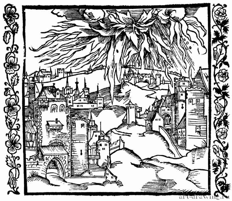 Иллюстрация к книге "Рыцарь де ля Тур (Рыцарь Башни)". Разрушение Содома и Гоморры. 1493 - 10 х 12,5 Ксилография