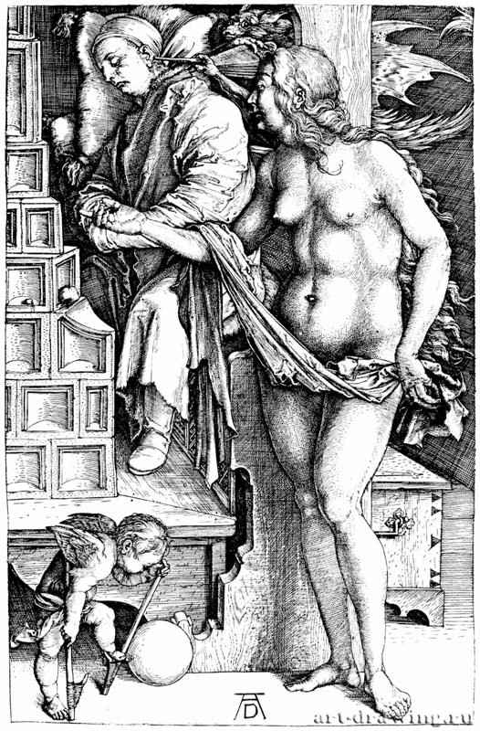 Искушение лентяя (Сон). 1497-1498 - 18,8 х 11,9 Резцовая гравюра на меди Музей Метрополитен, Отделение рисунка Нью-Йорк