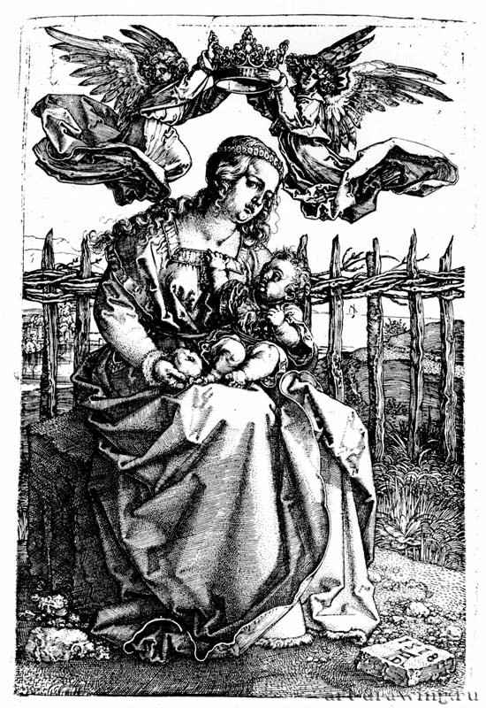 Мадонна, коронуемая двумя ангелами. 1518 - 14,8 х 10 Резцовая гравюра на меди Музей Метрополитен, Отделение рисунка Нью-Йорк