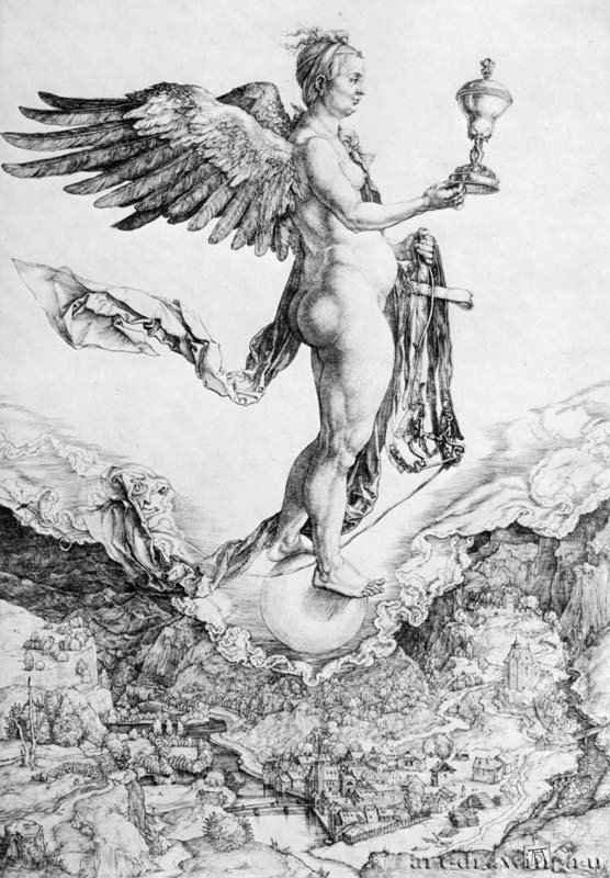 Немезида (Большая Фотуна). 1501-1502 - 32,9 х 22,4 Резцовая гравюра на меди Музей Метрополитен, Отделение рисунка Нью-Йорк