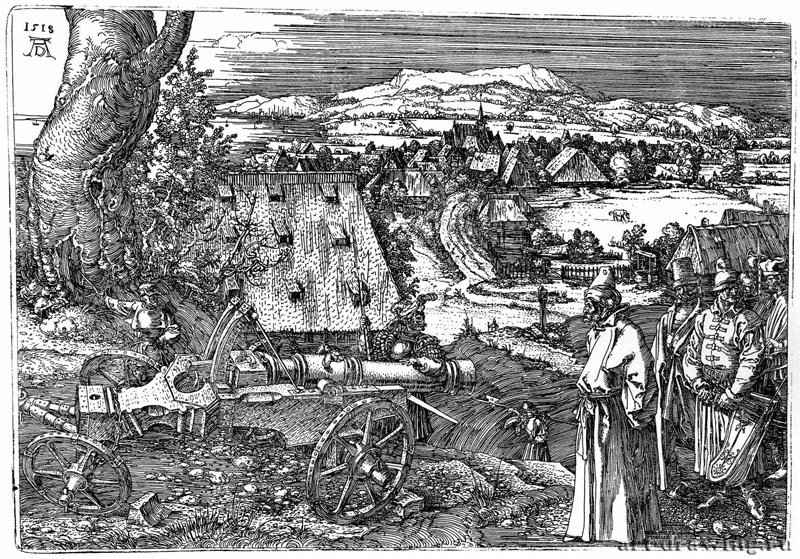 Пейзаж с пушкой. 1518 - 21,7 х 32,2 Офорт Музей Метрополитен, Отделение рисунка Нью-Йорк