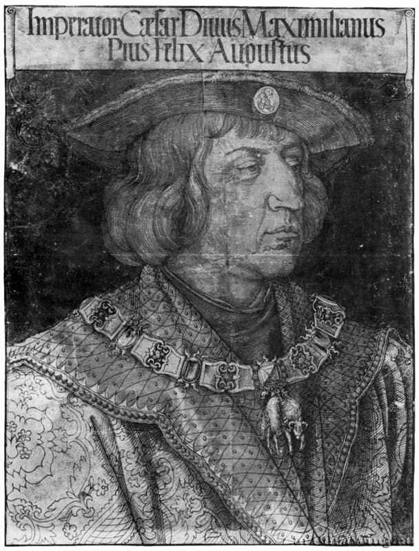 Портрет императора Максимилиана I. 1519 - 41,4 х 31,9 Ксилография кьяроскуро, печать с очерковой доски чёрным и золотым на тёмно-синем фоне Государственная библиотека Бамберг
