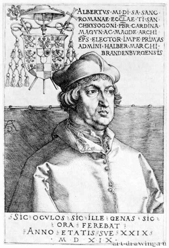 Портрет кардинала Альбрехта Бранденбургского (Малый кардинал). 1519 - 14,8 х 9,7 Резцовая гравюра на меди Художественный музей Фогг, Отдел гравюры и рисунка Кембридж (Массачусетс)