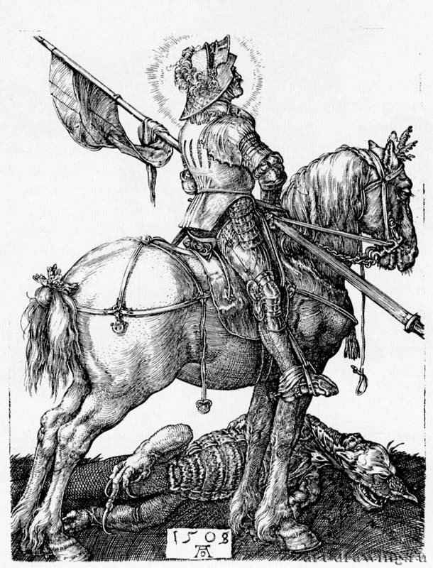 Святой Георгий на коне. 1505 - 11 х 8,6 Резцовая гравюра на меди Музей Метрополитен, Отделение рисунка Нью-Йорк