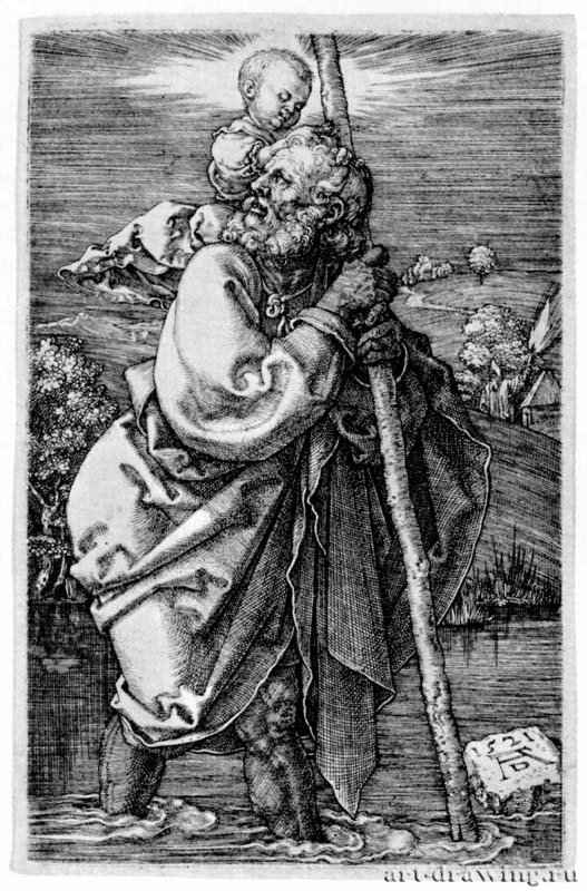 Святой Христофор. 1521 - 11,9 х 7,5 Резцовая гравюра на меди Музей Метрополитен, Отделение рисунка Нью-Йорк