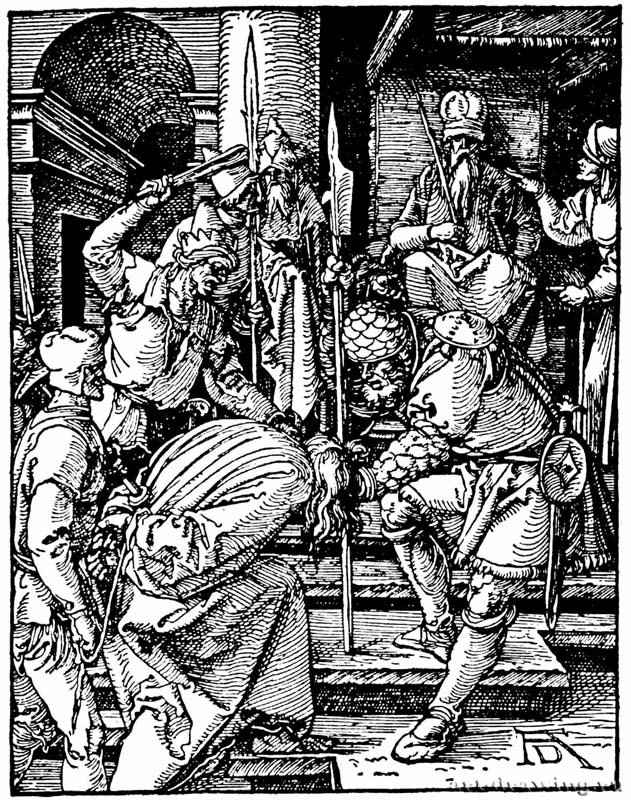 Серия "Малые Страсти". Христос перед Каиафой. 1509 - 12,7 х 9,7 Ксилография