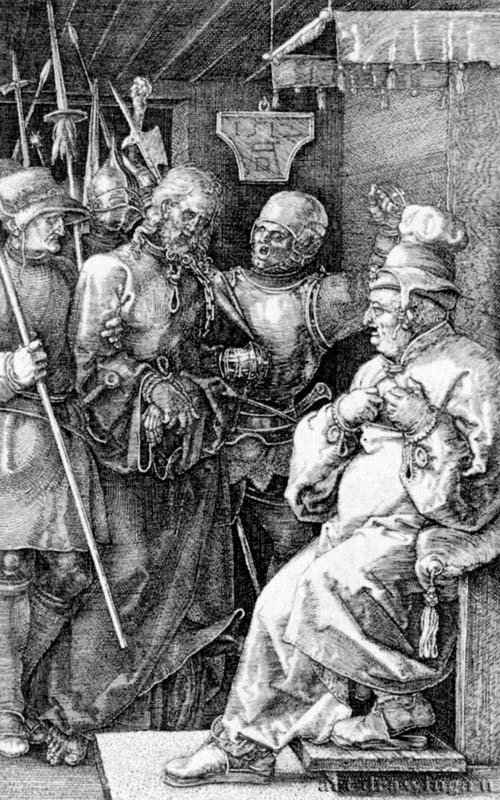 Серия "Страсти Христа", Христос перед Каиафой. 1512 - 11,7 х 7,4 Резцовая гравюра на меди Музей Метрополитен, Отделение рисунка Нью-Йорк