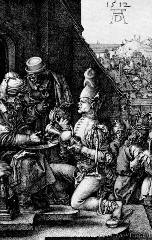 Серия "Страсти Христа", Пилат умывает руки. 1512 - 11,7 х 7,5 Резцовая гравюра на меди Музей Метрополитен, Отделение рисунка Нью-Йорк
