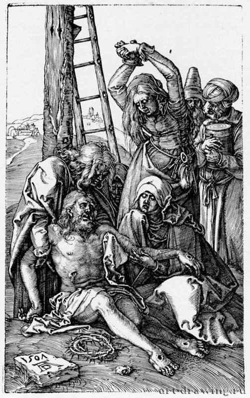Серия "Страсти Христа", Оплакивание Христа. 1507 - 11,5 х 7,1 Резцовая гравюра на меди Музей Метрополитен, Отделение рисунка Нью-Йорк