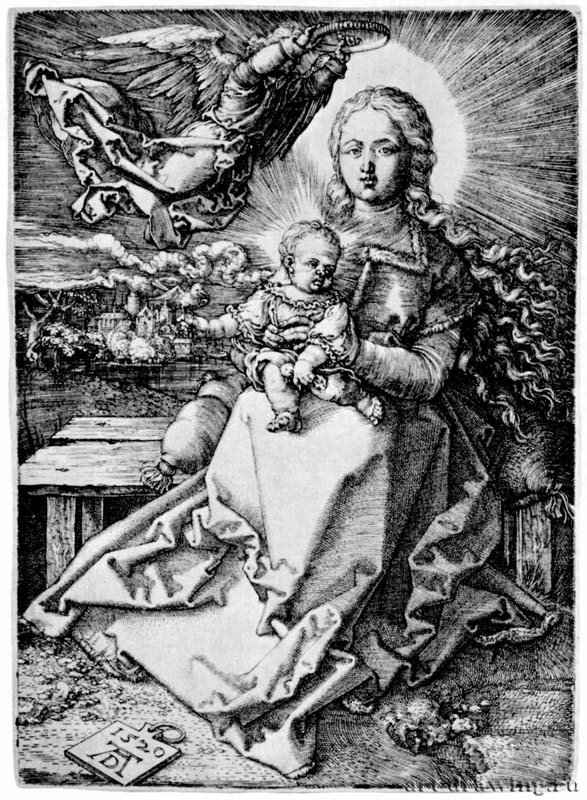 Сидящая Мадонна, коронуемая ангелом. 1520 - 13,9 х 10 Резцовая гравюра на меди Музей Метрополитен, Отделение рисунка Нью-Йорк