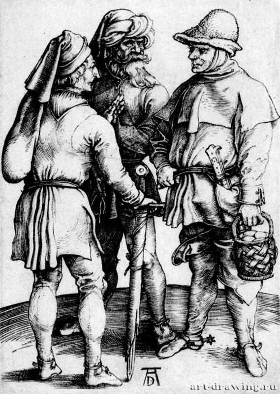 Три беседующих крестьянина. 1497 - 10,7 х 7,7 Резцовая гравюра на меди Кунстхалле, Гравюрный кабинет Карлсруэ