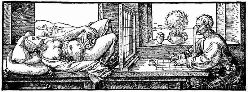 Художник, рисующий лежащую женщину. 1512-1525 - 7,5 х 21,5 Ксилография