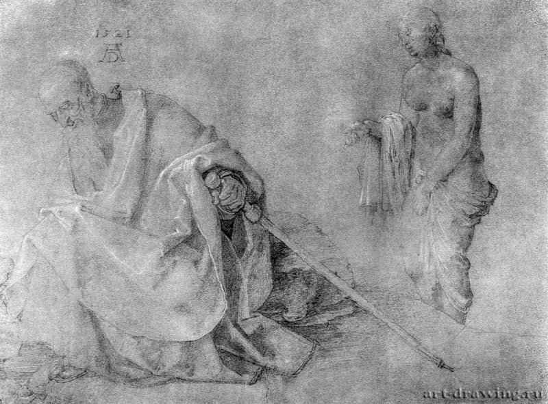 Искушение святого Антония. 1521 - 31,6 x 42,6 Свинцово-оловянный штифт, подсветка белым, на грунтованной зеленым тоном бумаге Собрание графики Альбертина Вена