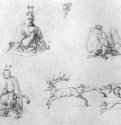 Лист этюдов с шутом, фавном, Фениксом и охотой на оленя. 1515 - 17,5 x 29,3 Перо на бумаге Музей изящных искусств Будапешт