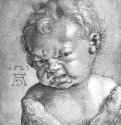 Этюд для "Большого Распятия". Плачущий херувим. 1521 - 20,8 x 16,6 Свинцово-оловянный штифт, подсветка белым, на грунтованной зеленым тоном бумаге Музей герцога Антона-Ульриха, Гравюрный кабинет Брауншвейг