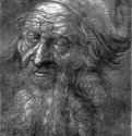 Этюд для "Святого Иеронима". Голова 93-летнего старика. 1521 - 26,9 x 20 Кисть черным и серым тоном, подсветка белым, на грунтованной темно-сиреневым тоном бумаге Гравюрный кабинет Берлин