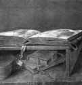  Этюд для "Святого Иеронима". Пюпитр с книгами. 1521 - 19,8 x 28 Кисть черным и серым тоном, подсветка белым, на грунтованной темно-сиреневым тоном бумаге Собрание графики Альбертина Вена