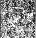 Иллюстрация к "Апокалипсису". Семь трубящих ангелов. 1496-1498 - 39,5 х 28,5 Ксилография