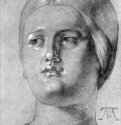 Голова женщины. 1506-1507 - 28,5 x 19 Кисть тушью, подсветка белым, на голубой венецианской бумаге Собрание графики Альбертина Вена