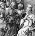 Серия "Страсти Христа", Христос перед Каиафой. 1512 - 11,7 х 7,4 Резцовая гравюра на меди Музей Метрополитен, Отделение рисунка Нью-Йорк